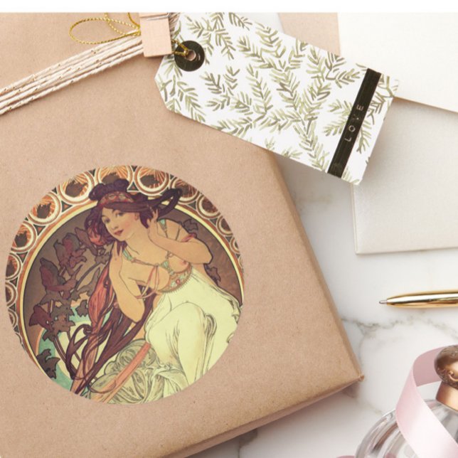 Jugendstil Alphonse Mucha Vintage Jugendstil Runder Aufkleber (Von Creator hochgeladen)