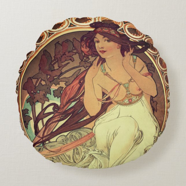 Jugendstil Alphonse Mucha Vintage Jugendstil Rundes Kissen (Vorderseite)