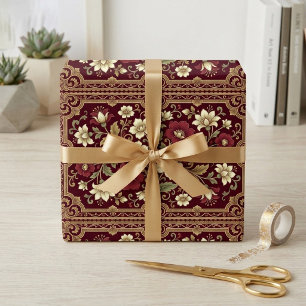 Jugendstil Antik Burgunder Elfenbein Blumenrolle Geschenkpapier