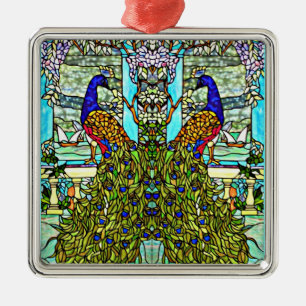Jugendstil Antik Tiffany Buntglas Pfau Silbernes Ornament