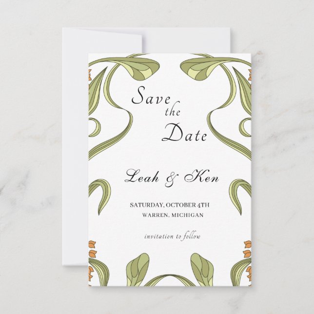 Jugendstil-Art-Blumenhochzeit rettet das Datum Save The Date (Vorderseite)