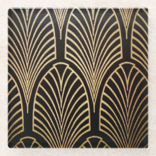 Jugendstil, Art Deco, Fächer-Muster, Bronze, Gold, Glasuntersetzer
