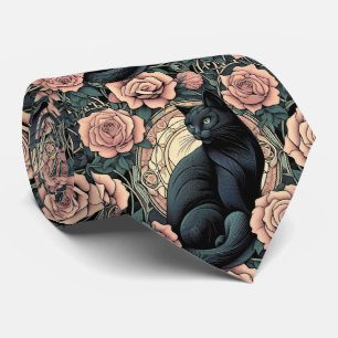 Jugendstil Art Deco Schwarze Katze mit rosa Rosen Krawatte
