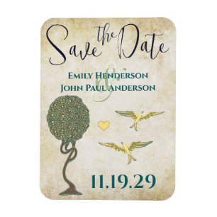 Jugendstil Baum Vögel Holzmaserung Save the Date Magnet