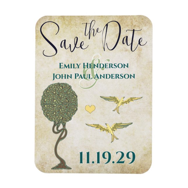 Jugendstil-Bäume Vögel Holzkörner Save the Date Magnet (Vertikal)