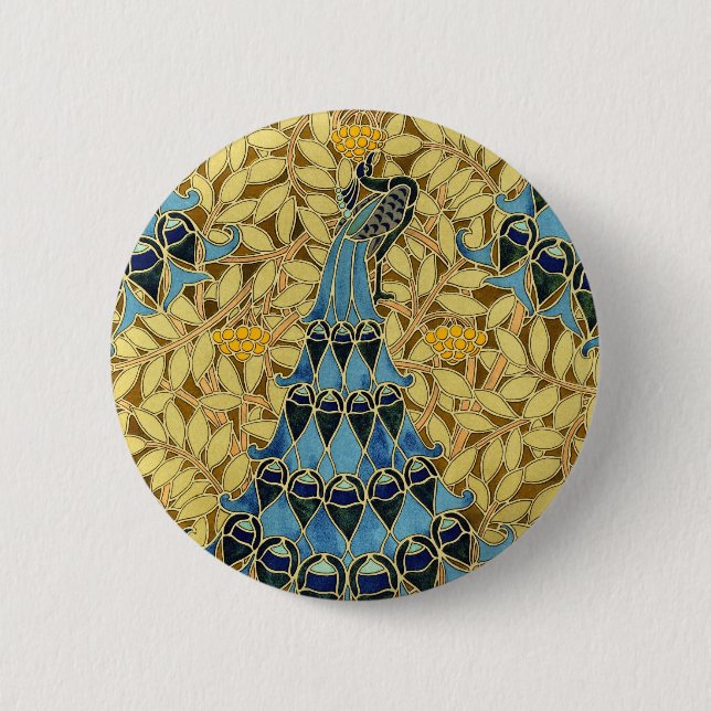 Jugendstil Blaues Pfauen-Blumenmuster Button (Vorderseite)