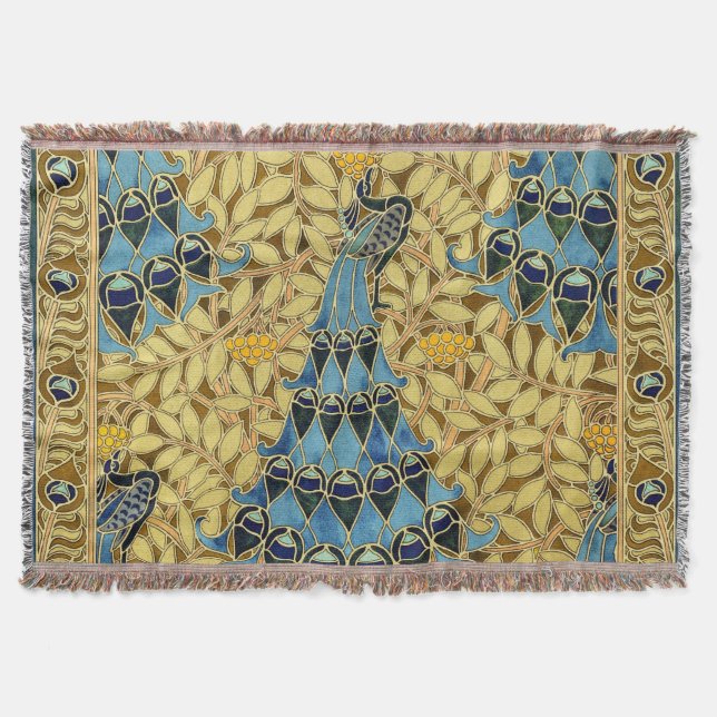 Jugendstil Blaues Pfauen Blumenmuster Decke (Vorderseite)