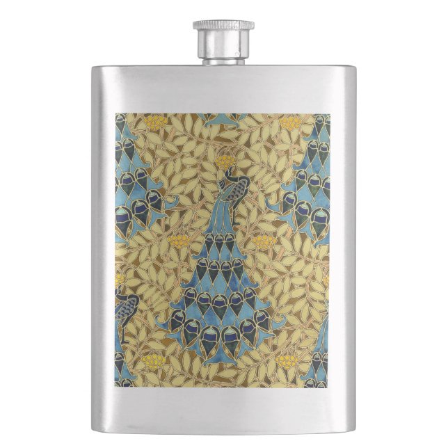 Jugendstil Blaues Pfauen Blumenmuster Flachmann (Vorderseite)