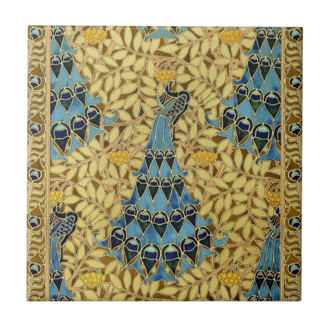 Jugendstil Blaues Pfauen Blumenmuster Fliese (Vorderseite)