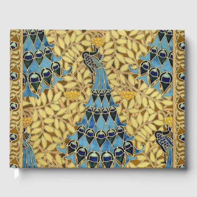 Jugendstil Blaues Pfauen-Blumenmuster Gästebuch (Vorderseite)