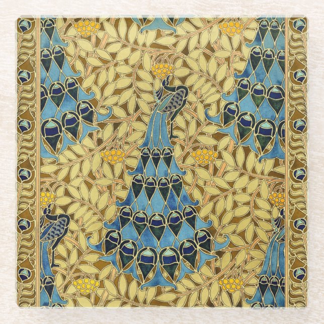Jugendstil Blaues Pfauen Blumenmuster Glasuntersetzer (Vorderseite)