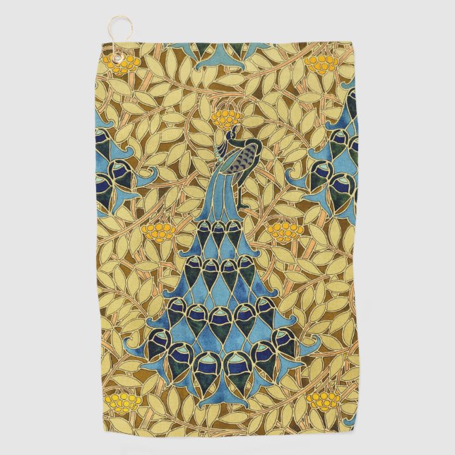 Jugendstil Blaues Pfauen Blumenmuster Golfhandtuch (Vorderseite)