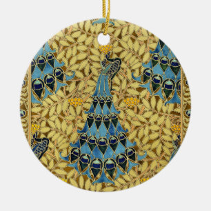 Jugendstil Blaues Pfauen-Blumenmuster Keramik Ornament