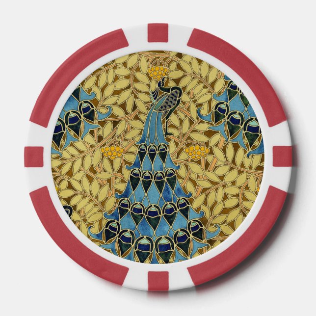 Jugendstil Blaues Pfauen-Blumenmuster Pokerchips (Vorderseite)