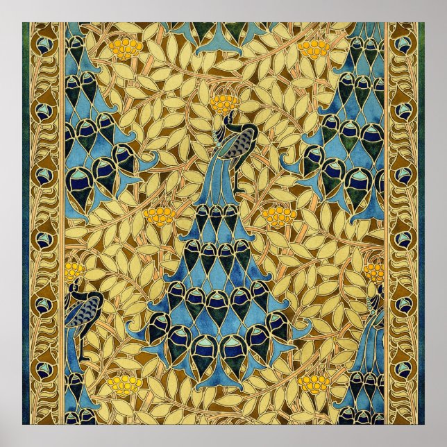 Jugendstil Blaues Pfauen-Blumenmuster Poster (Vorne)
