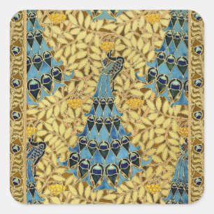 Jugendstil Blaues Pfauen-Blumenmuster Quadratischer Aufkleber