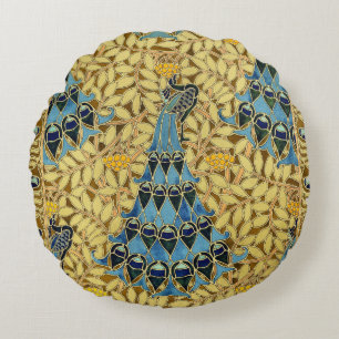 Jugendstil Blaues Pfauen-Blumenmuster Rundes Kissen