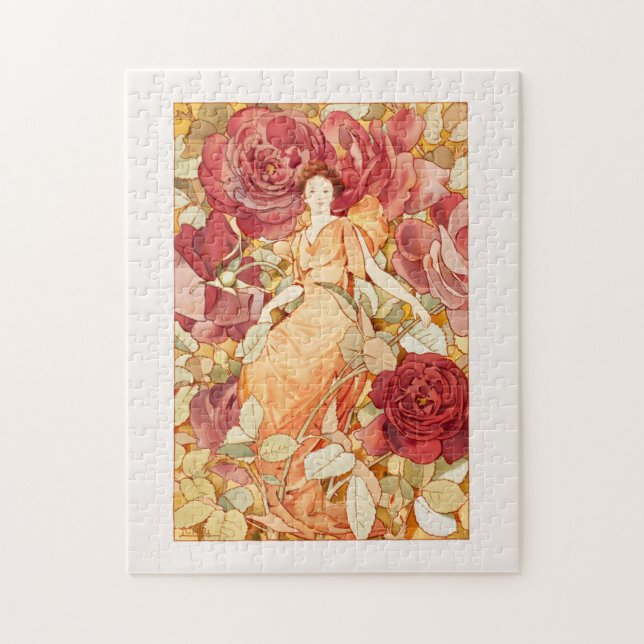 Jugendstil-Blume Fee mit Rot-Orange-Rose Puzzle (Vertikal)