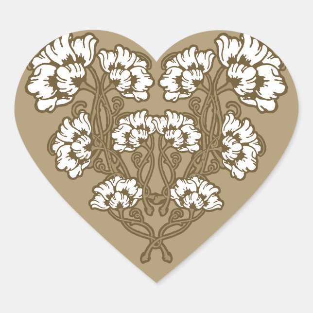 Jugendstil-Blume Herzstück Tan Herz-Aufkleber (Vorderseite)