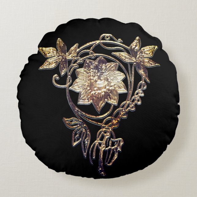 Jugendstil-Blume Juwel Viktorianisches Gold und Sc Rundes Kissen (Vorderseite)