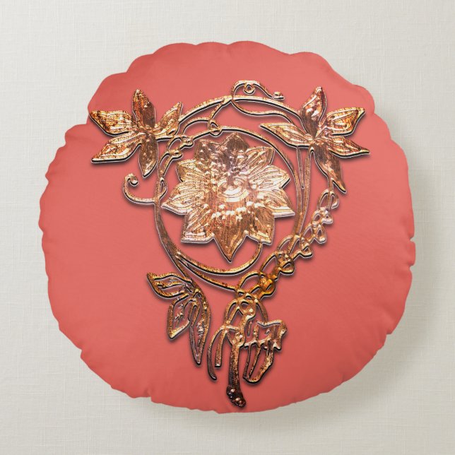 Jugendstil-Blume Juwel Viktorianisches Goldpfirsic Rundes Kissen (Vorderseite)