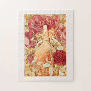Jugendstil-Blume Märchen mit Rot-Orange-Rose Puzzle