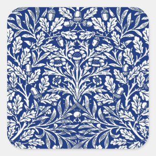 Jugendstil-Blumendamaskus, Kobaltblau und Weiß Quadratischer Aufkleber