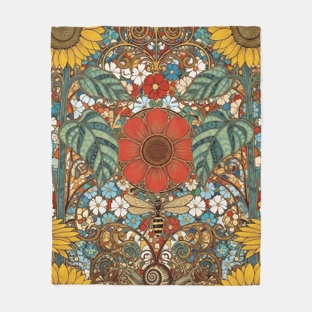 Jugendstil-Blumengarten – Sonnenblumen, Biene Fleecedecke (Vorderseite)