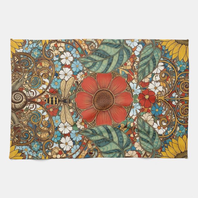 Jugendstil-Blumengarten – Sonnenblumen, Biene Geschirrtuch (Horizontal)