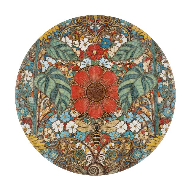Jugendstil-Blumengarten – Sonnenblumen, Biene Schneidebrett (Vorderseite)