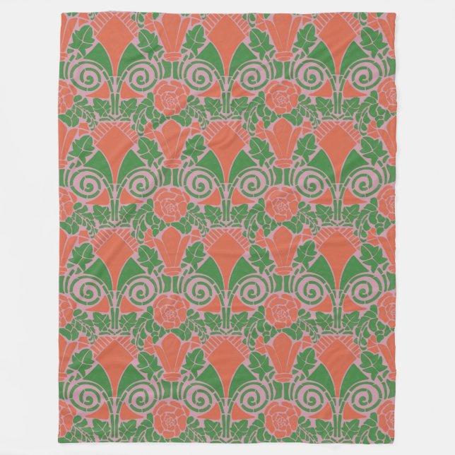 Jugendstil Blumengrün rotes Rosenmuster Fleecedecke (Vorderseite)
