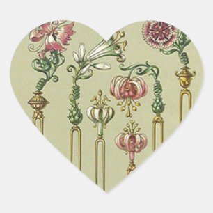 Jugendstil-Blumenhaarspange viktorianisches Juwel Herz-Aufkleber