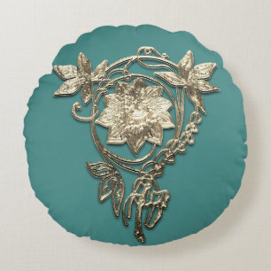 Jugendstil-Blumenjuwel in Gold und Blaugrün Rundes Kissen