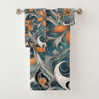 Jugendstil-Blumenmuster Türkis Orange Badhandtuch Set