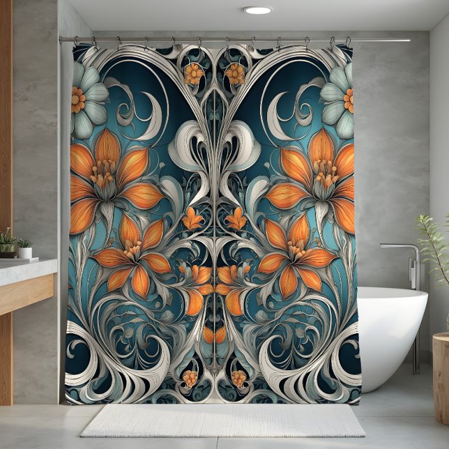 Jugendstil-Blumenmuster Türkis Orange Duschvorhang (Von Creator hochgeladen)