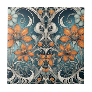 Jugendstil-Blumenmuster Türkis Orange Fliese