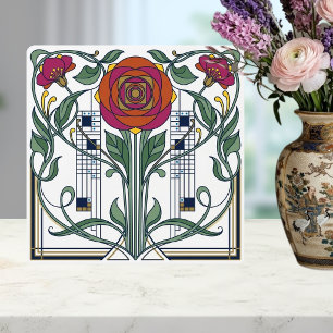 Jugendstil Blumenrose Geometrisches Art Design Fliese