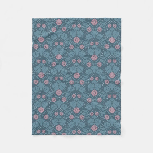 Jugendstil Blumenteal Blauton rosa Muster Fleecedecke (Vorderseite)