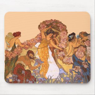 Jugendstil Blumige Mädchen Vintage Mucha Inspirier Mousepad
