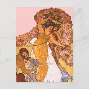 Jugendstil Blumige Mädchen Vintage Mucha Inspirier Postkarte