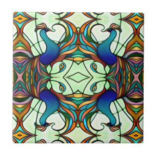 Jugendstil Bunter Pfau Glasmalerei-Stil  Fliese