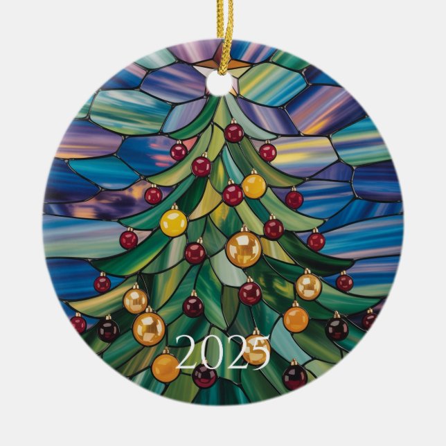 Jugendstil-Buntglas-Baum – Weihnachtsgeschenk 2025 Keramik Ornament (Vorne)