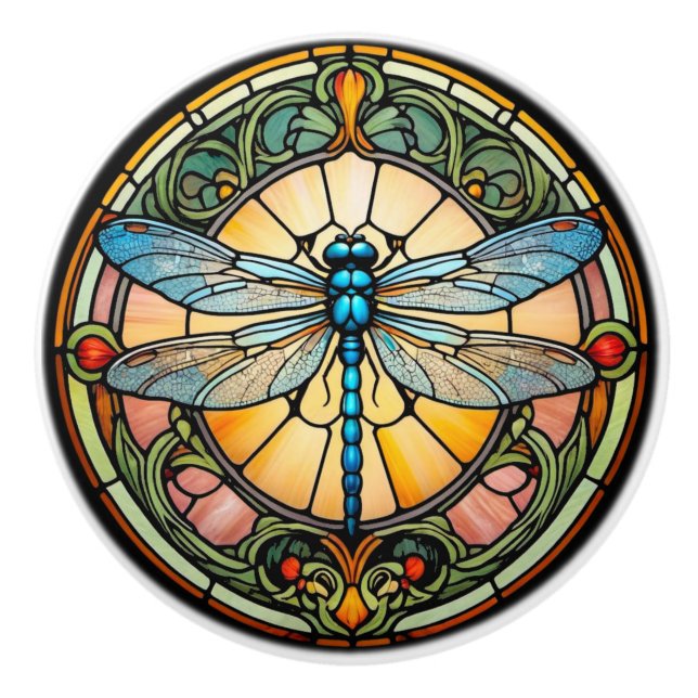 Jugendstil-Buntglas-Libelle Keramikknauf (Vorderseite)
