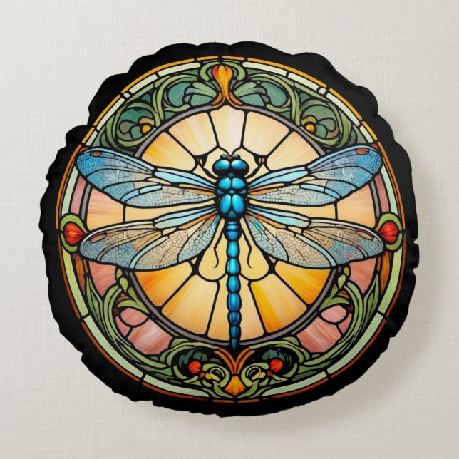 Jugendstil-Buntglas-Libelle Rundes Kissen (Vorderseite)