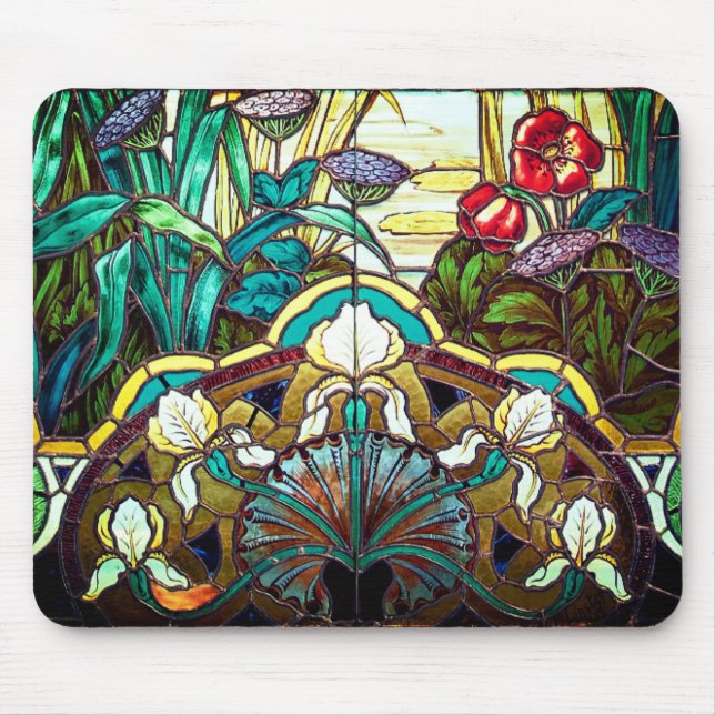 Jugendstil-Buntglas mit Blumen Mousepad (Vorne)