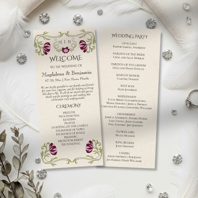 Jugendstil-Burgunderrosafarbenes Hochzeitsprogramm (Von Creator hochgeladen)