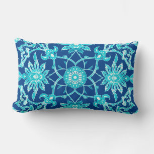 Jugendstil-Chinesisches Muster - Türkis und Blau Lendenkissen