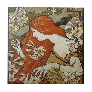 Jugendstil-Dame Blumen Florale Frau Vintage Fliese