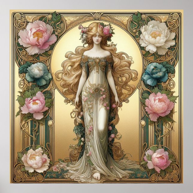 Jugendstil-Dame mit Peonies Poster (Vorne)