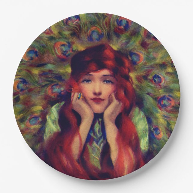 Jugendstil Deko Pfauenfedern elegant Pappteller (Vorderseite)